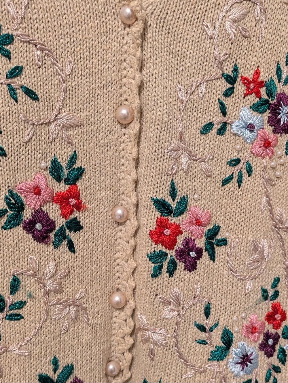 Jenny Vintage Cream Floral Embroidered V-Neck Cardigan Sweater - Picture 5 of 10